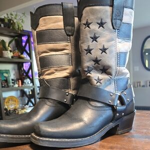 Durango Black and Gray Boots Faded Flag Moto Harness Leather Boots W 7.5